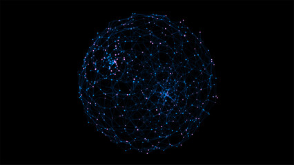 Abstract blue sphere on black background. Wireframe circle structure with glowing particles. Futuristic digital illustration. Vector illustration. - obrazy, fototapety, plakaty