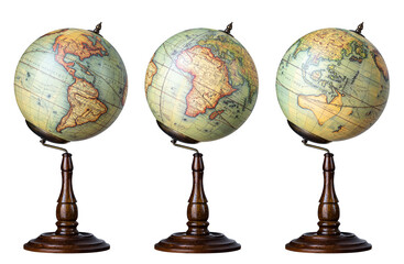 Old world Globe isolated on white background. Three hemispheres of the globe in antique style. South and North America and Africa, Asia, Europe, Australia. - obrazy, fototapety, plakaty
