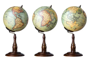 Fotobehang Old world Globe isolated on white background. Three hemispheres of the globe in antique style. South and North America and Africa, Asia, Europe, Australia. © Tryfonov