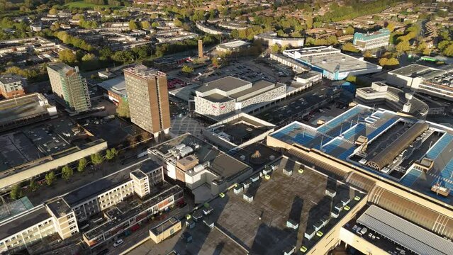 Aerial view of the cinema and a tall apartments building in the Basildon town centre at sunset
