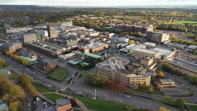 Aerial view of Basildon town centre from Gloucester Park at sunset