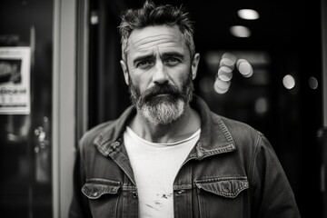 Portrait of a handsome bearded man. Black and white photo.