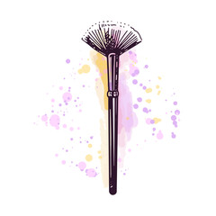 Hand-drawn cosmetic brush, beauty cosmetic element, self care. Illustration on a watercolor pastel background with splashes of paint. Useful for beauty salon, cosmetic store, makeup. Doodle sketch.