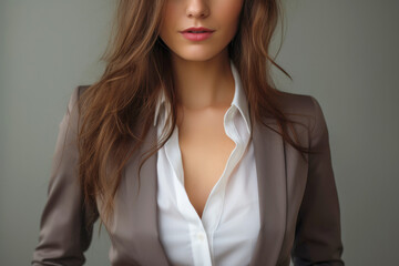 With a confident look, this brunette businesswoman showcases both her professional acumen and captivating allure. - obrazy, fototapety, plakaty