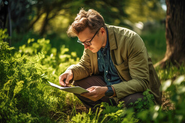 A passionate botanist's outdoor lifestyle, which involves studying and analyzing plant specimens, promoting healthy gardens, and contributing to our understanding of the environment.