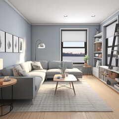 Fototapeta premium a living room with muted blue walls, gray wood panel floors, viewed from the 1st person perspective with 3 walls in frame, the right wall contains two windows with curtains,and a fireplace