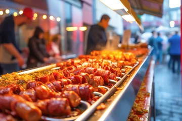 Schilderijen op glas A display of typical fast-food options in Germany, including the tempting currywurst, is a popular choice for a quick lunch in the city. © EdNurg