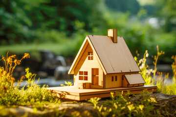 A miniature housing model on a grassy background, symbolizing the concept of real estate and residential properties.