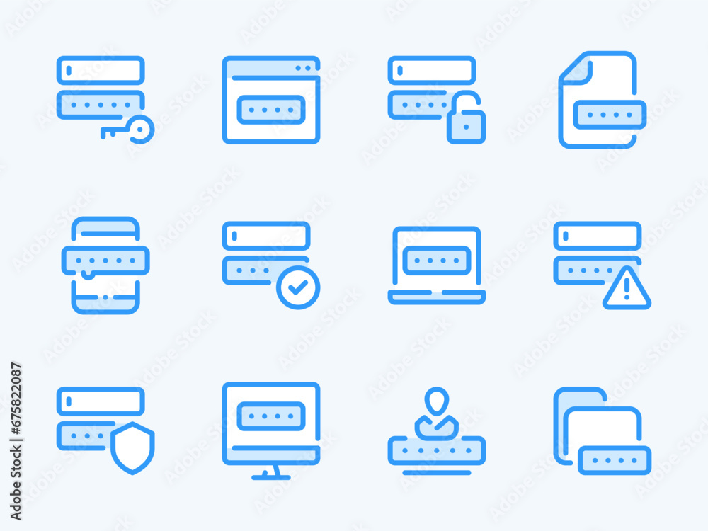 Poster password and entry vector line icons. pass code and login outline icon set. access key, login protec