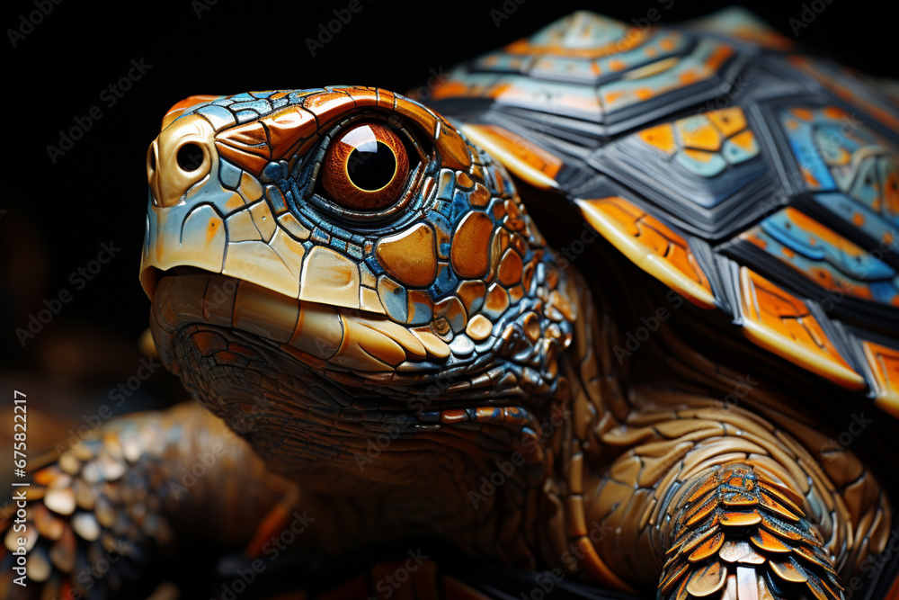 Poster a close-up of a tortoise's shell, displaying its intricate patterns and textures.