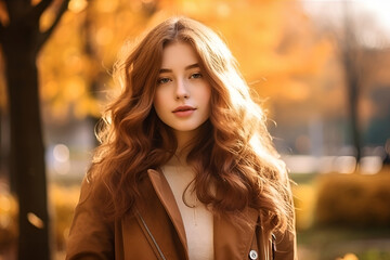 Beautiful young woman with curly hairstyle in golden autumn park, evening lights