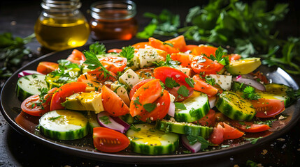 Greek salad with feta cheese, cherry tomatoes, cucumber and herbs on a plate. Healthy food concept. Generative AI technology.