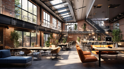 Stylish Indoor Co-Working Space with Trendy Modern Furniture, Comfortable Chairs, Chic Tables, and Lush Greenery from Fresh Plants Creating a Welcoming and Productive Atmosphere