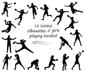 18 of black silhouettes of women's handball players and goalkeepers in jumping, running, catching the ball, standing