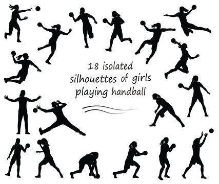 18 of black silhouettes of women's handball players and goalkeepers in jumping, running, catching the ball, standing