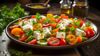 Greek salad with feta cheese, cherry tomatoes, cucumber and herbs on a plate. Healthy food concept. Generative AI technology.