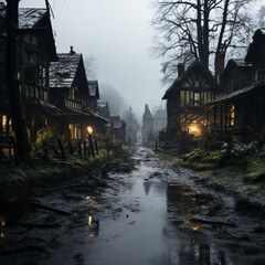 a village in a poor state, gloomy day, cinematic