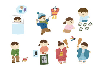 お正月に遊ぶ子どもたちのイラスト