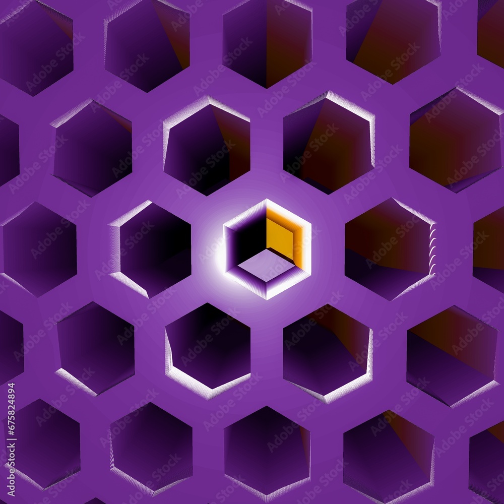 Aufkleber bright purple hexagonal grid design with a central cube motif