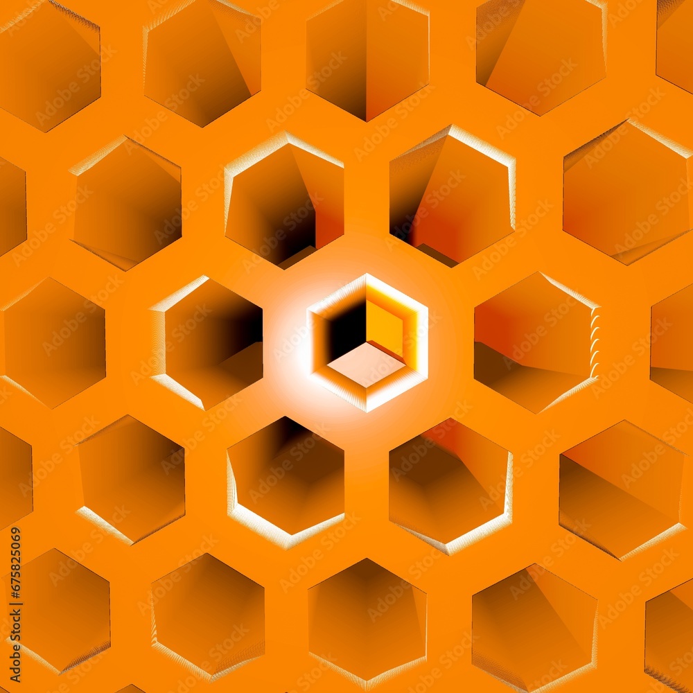 Aufkleber bright orange hexagonal grid design with a central cube motif on a black background