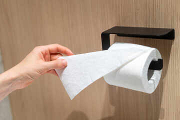 Cropped shot of woman hand take toilet paper from black metal holder in restroom