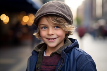 Portrait of a cute little boy in a cap on the street