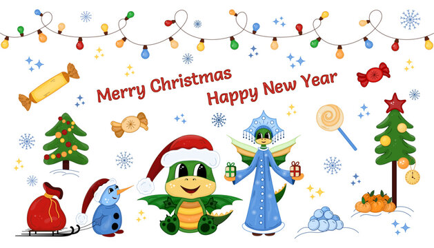 Set New Year and Christmas vector elements. Dragon Santa Claus, Snow Maiden, Snowman, bag of gifts