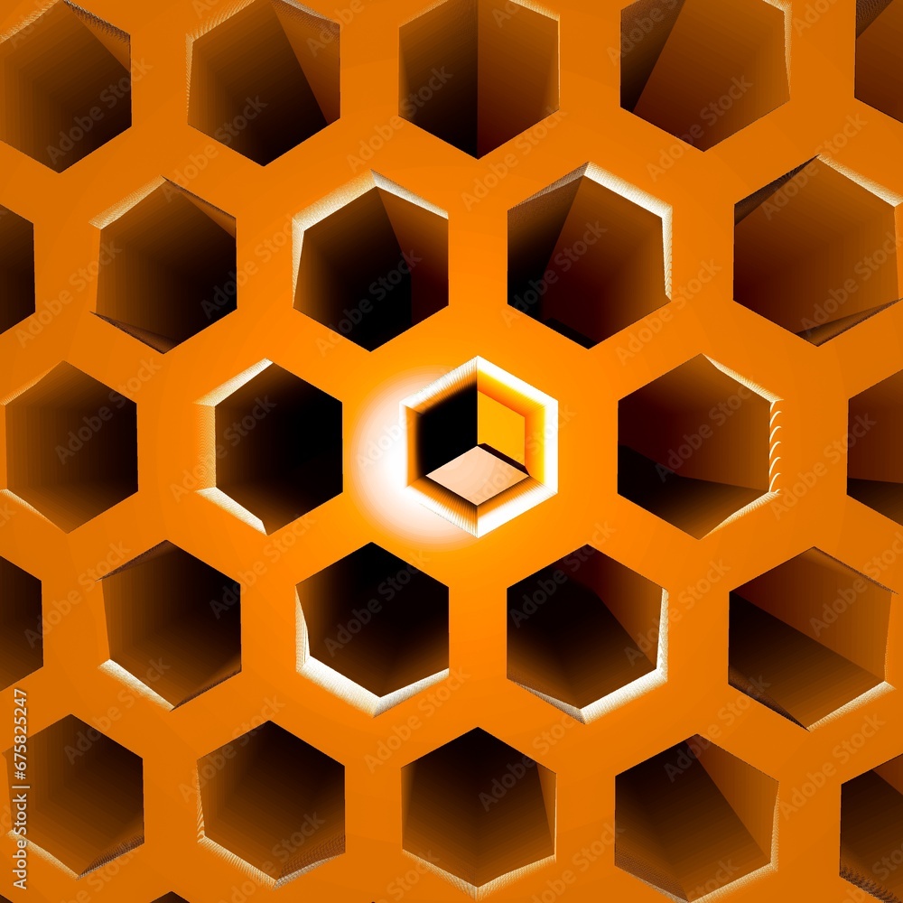 Aufkleber bright orange hexagonal grid design with a central cube motif on a black background