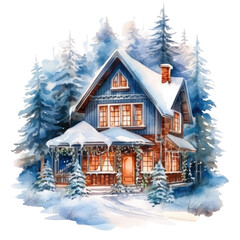Watercolor winter house on a transparent background, christmas illustration, png