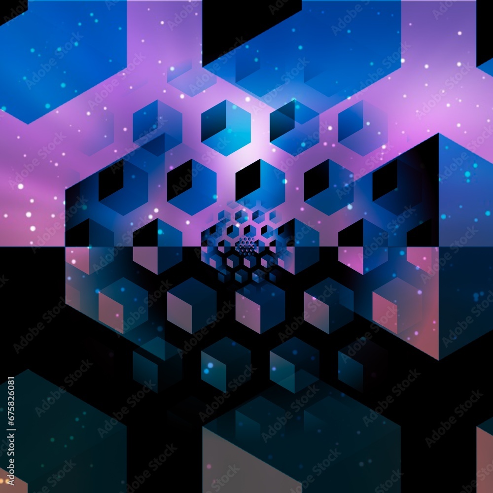 Aufkleber similar but different sized 3d geometric blocks and vivid colour gradients bokeh layer background