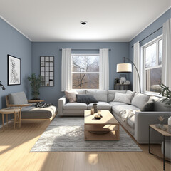 Fototapeta premium a living room with muted blue walls, gray wood panel floors, viewed from the 1st person perspective with 3 walls in frame, the right wall contains two windows with curtains,and a fireplace