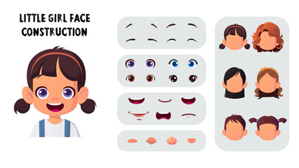 Girl Character Face Creation, Construction set, Cartoon Kid Face Generator with Hair, eyes, Mouth - obrazy, fototapety, plakaty