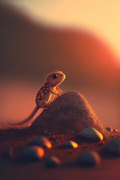 AI generated illustration of a tiny lizard on a rock.