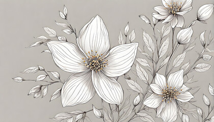 Drawn white flowers on a gray background. White flowers on a gray background wallpaper. Generative AI
