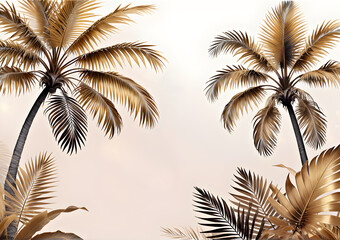 Golden and brown palm trees on a beige background. Wallpaper with palm trees in a brown background. Generative AI
