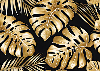 Golden tropical leaves on a black background close-up. 3D Illustration, Wallpaper. Generative AI
