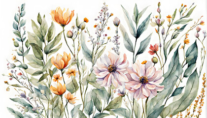 Spring watercolor flowers on a white background. A set of delicate pink and light orange flowers with green leaves on a white background. Generative AI.