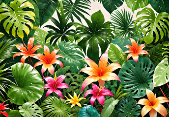 Tropical leaves with flowers close-up. Watercolor illustration, texture, wallpaper. Generative AI