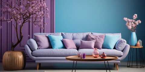 Wunderschöne lila Couch in edlen Stil mit grandioser Dekoration im Querformat für Banner, ai generativ