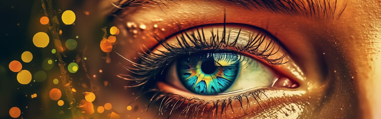 Close-up young woman eye with colorful summer makeup - obrazy, fototapety, plakaty