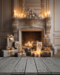 Diseño creativo desenfocado para Navidad y Año Nuevo. Fondo navideño de pino de navidad y chimenea dentro de la sala de estar.