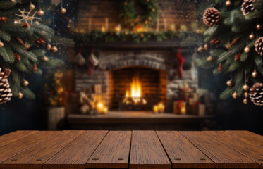 Diseño creativo desenfocado para Navidad y Año Nuevo. Fondo navideño de pino de navidad y chimenea dentro de la sala de estar. - obrazy, fototapety, plakaty