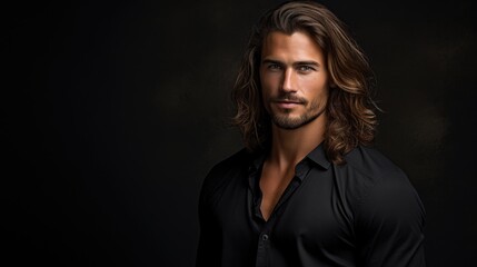 handsome man in classic suit with long hair on dark background.