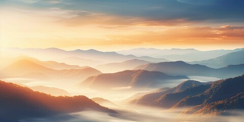 Sunrise Over the Mountains, Natural Fog And Mountains Sunlight Background 