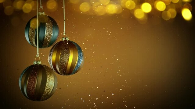 Decorative Christmas Balls with Bokeh Lights and Glitters Falling. Super Slow Motion Filmed on High Speed Cinema Camera at 1000 fps.