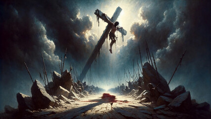 Blood of Redemption: Jesus Christ hanging from the Cross during his Crucifixion and Passion. - obrazy, fototapety, plakaty