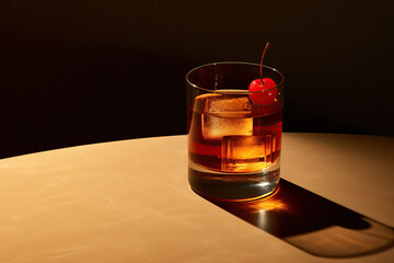 Old Fashioned cocktail basks in the glow of dramatic lighting, casting a long shadow. A single cherry garnish perches on the rim, a touch of sweetness against the stark, moody background.
