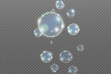 White beautiful bubbles on a transparent background vector illustration. Soap bubbles.	
