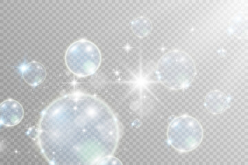 White beautiful bubbles on a transparent background vector illustration. Soap bubbles.	
