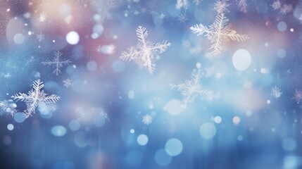 Fototapeta na wymiar Light bokeh and delicate snowflakes merge in festive winter abstract. Seasonal magic.